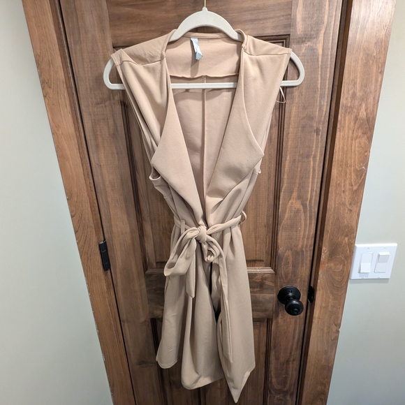 Tops - Sleeveless Tan Vest with Tie Waist